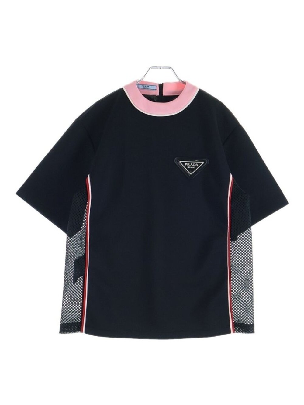 Prada Triangle Logo Patch Mesh Paneled Short Sleeve T-Shirt Jersey Black